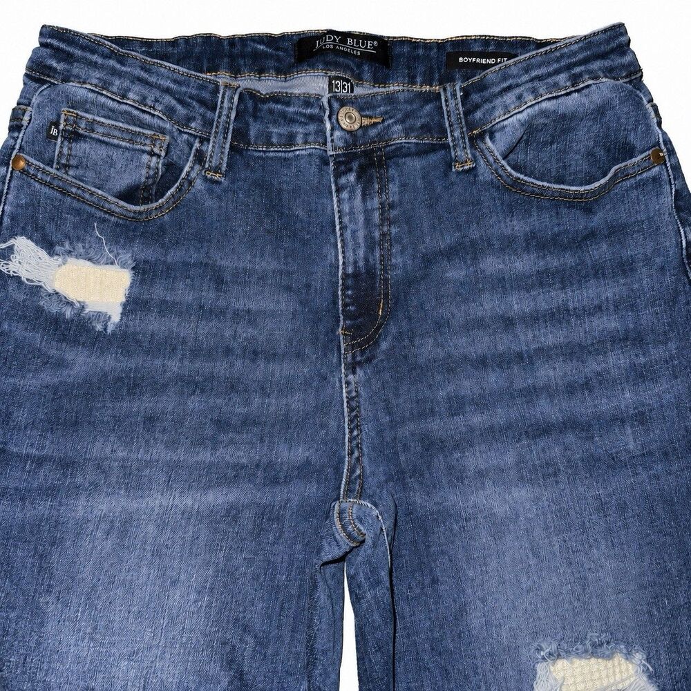 Judy Blue Jeans Womens 13/31 Boyfriend Distressed Thermal Patch Stretch 88306 - Picture 4 of 8